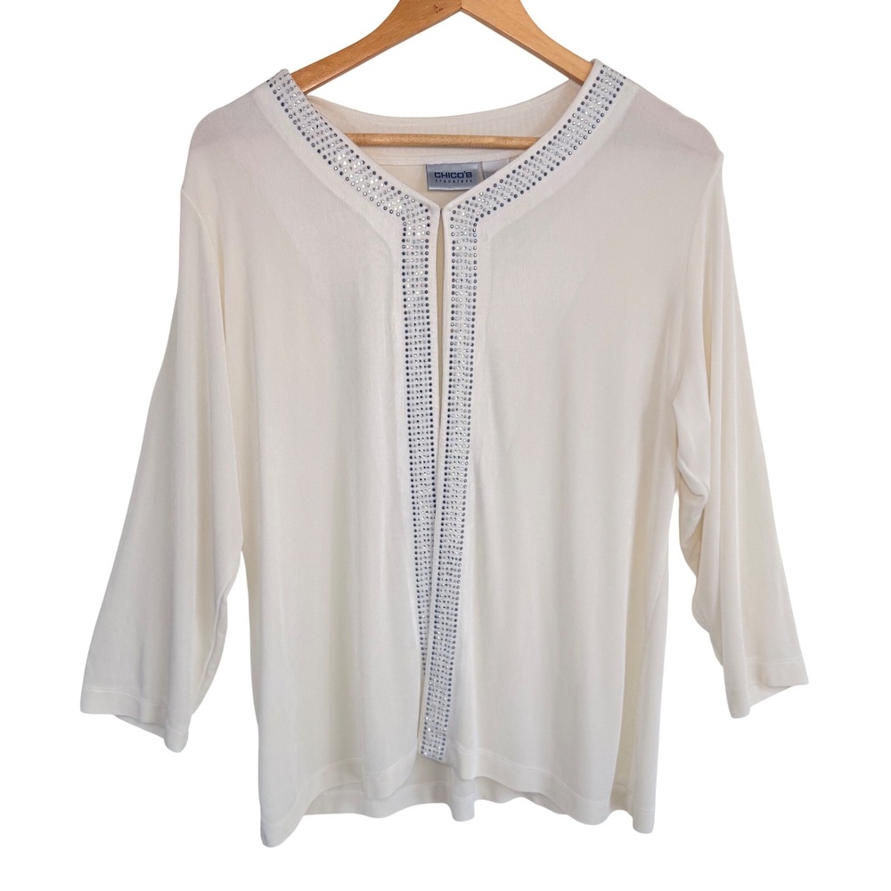 Chico's Travelers Rhinestone‎ Embellished Open Cardigan Top Sz 3 XL Ivory Career
